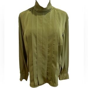 80s GREEN MOCK NECK DEEP PLEAT BLOUSE & BISHOP SLEEVES & DROP SHOULDERS LUXURY 8